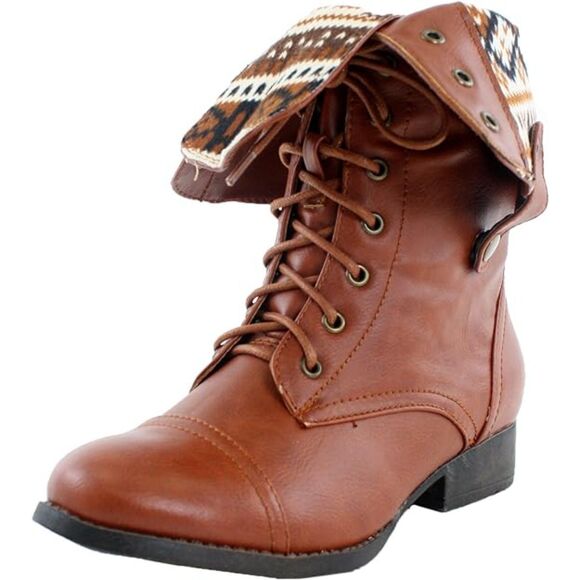 Women's Ankle Lace Up Combat Boots Bootie Two Way Fold Down Low Heels Cognac 6.5 - Picture 1 of 9